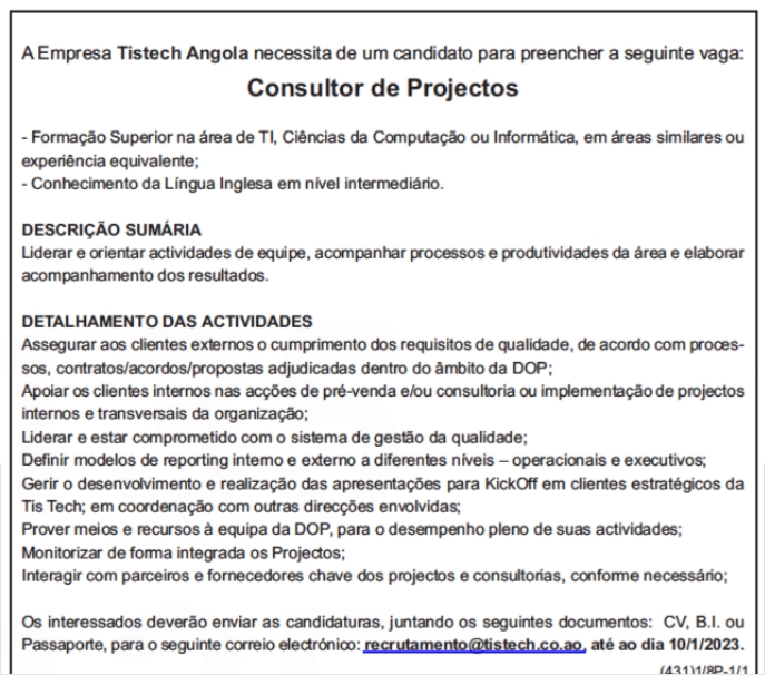 OPORTUNIDADE PARA CONSULTOR DE PROJECTOS