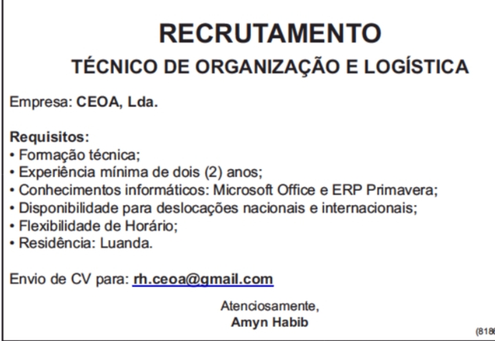 VAGA PARA TÉCNICO DE ORGANIZAÇÃO E LOGÍSTICA 