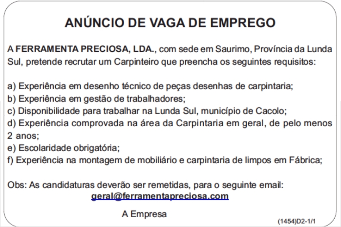 VAGA PARA UM (1) CARPINTEIRO