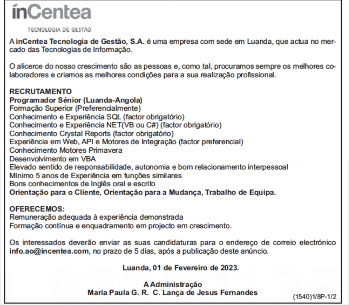 Vaga para Programador Sénior (Luanda-Angola) 
