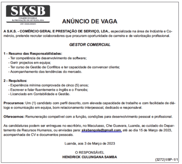 VAGA PARA GESTOR COMERCIAL