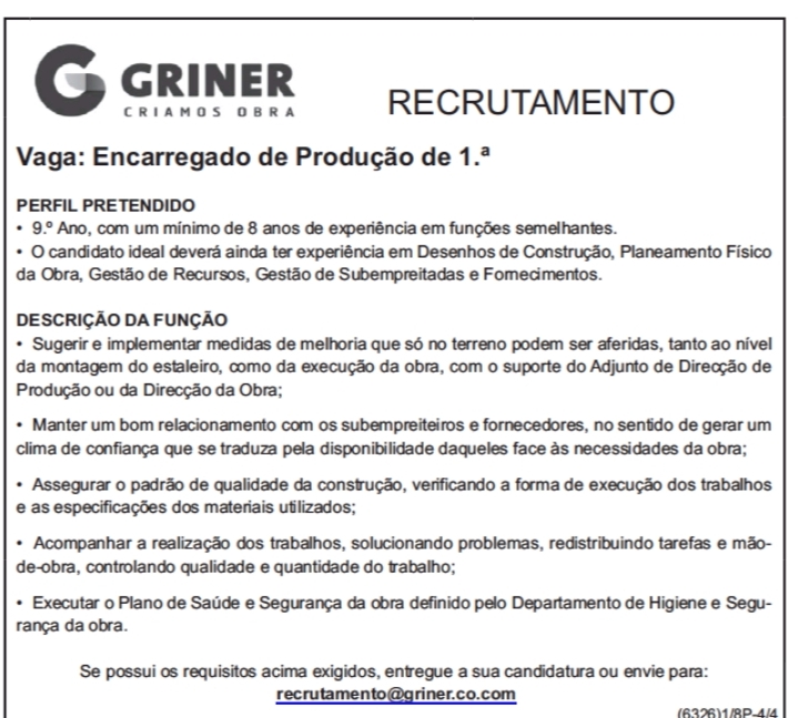 Vaga para Encarregado de Produção de 1.°