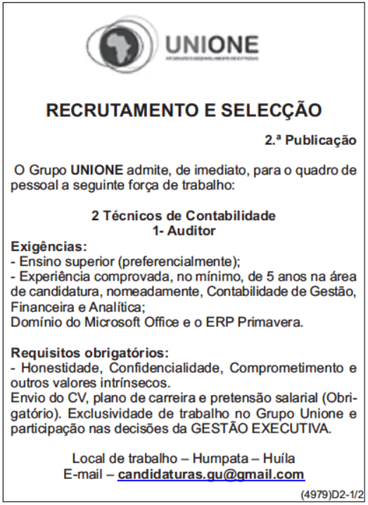 Duas (2) Vagas para Técnicos de Contabilidade e Uma (1) Vaga para Auditor
