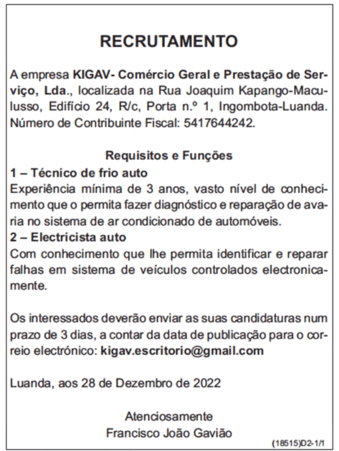 VAGA PARA TÉCNICO DE FRIO AUTO E ELECTRICISTA AUTO 