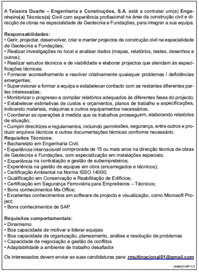 Vaga para um(a) Engenheiro Técnico