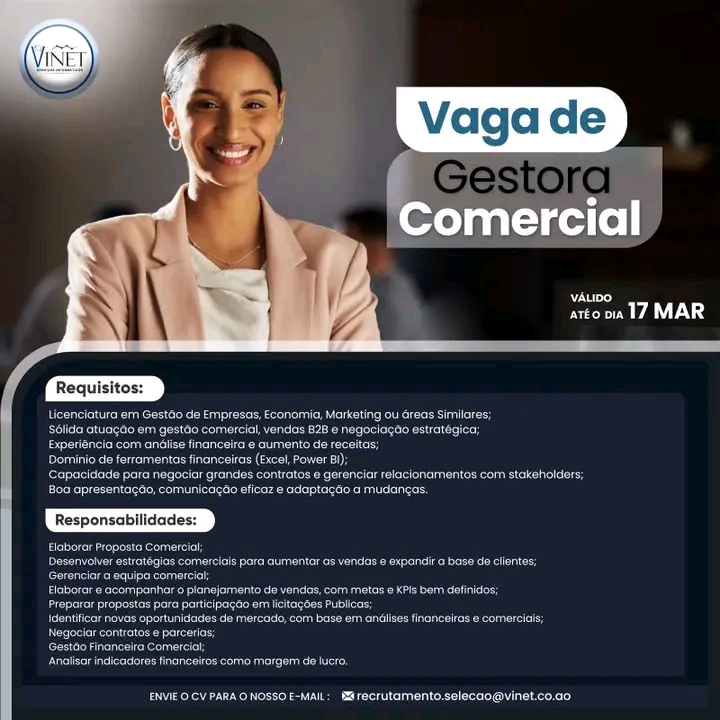 Vaga para Gestora Comercial Sénior