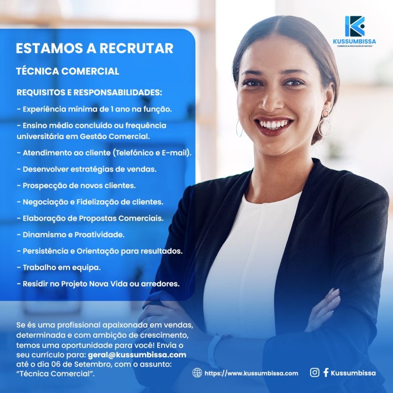 Vaga para Técnica Comercial