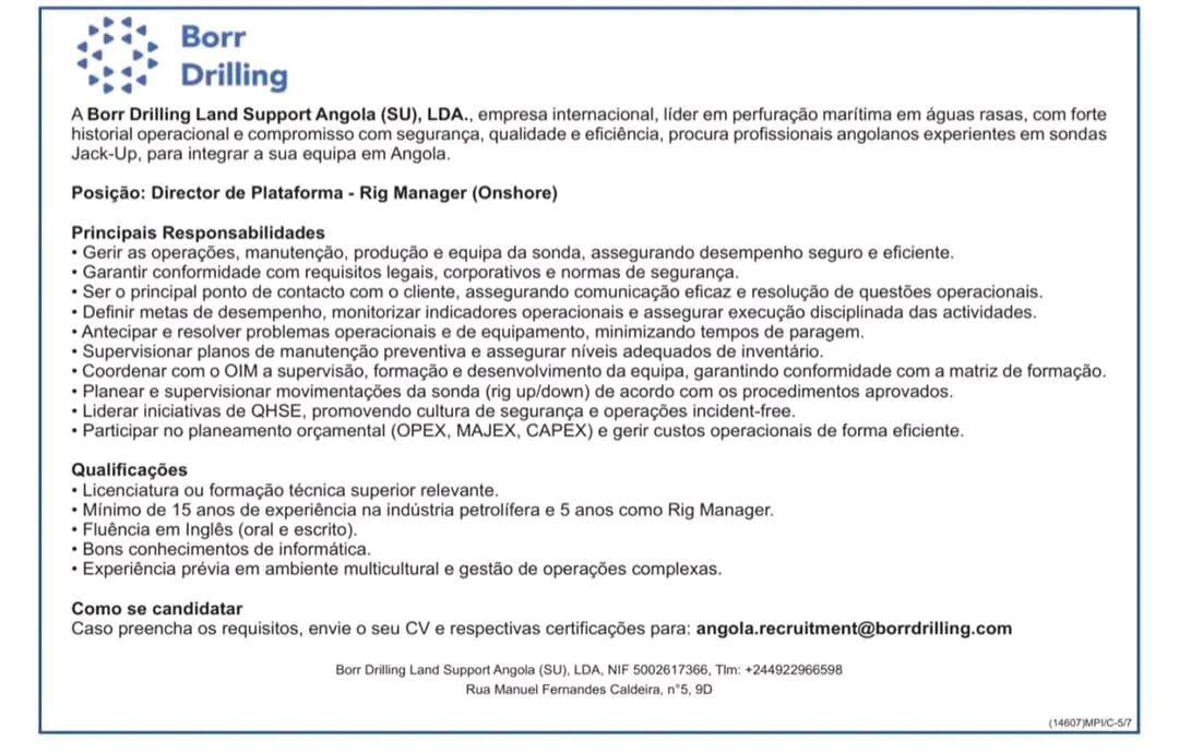 Oportunidade: Director de Plataforma - Rig Manager (Onshore)