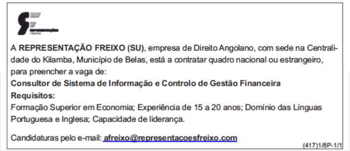Vaga para Consultor de Sistema de Informação e Controlo de Gestão Financeira 