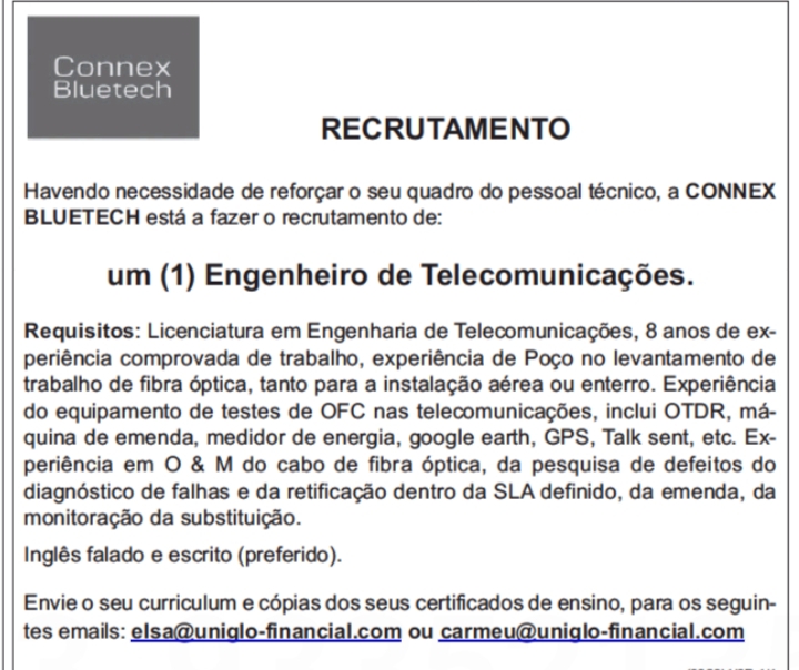 Vaga para um (1) Engenheiro de Telecomunicações