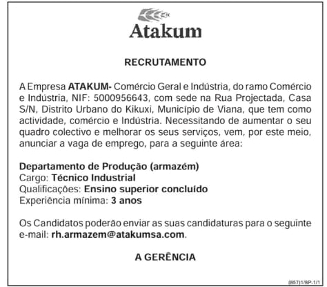 Vaga para Técnico Industrial 
