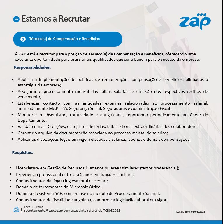 Vaga para Técnico(a) de Compensação e Benefícios