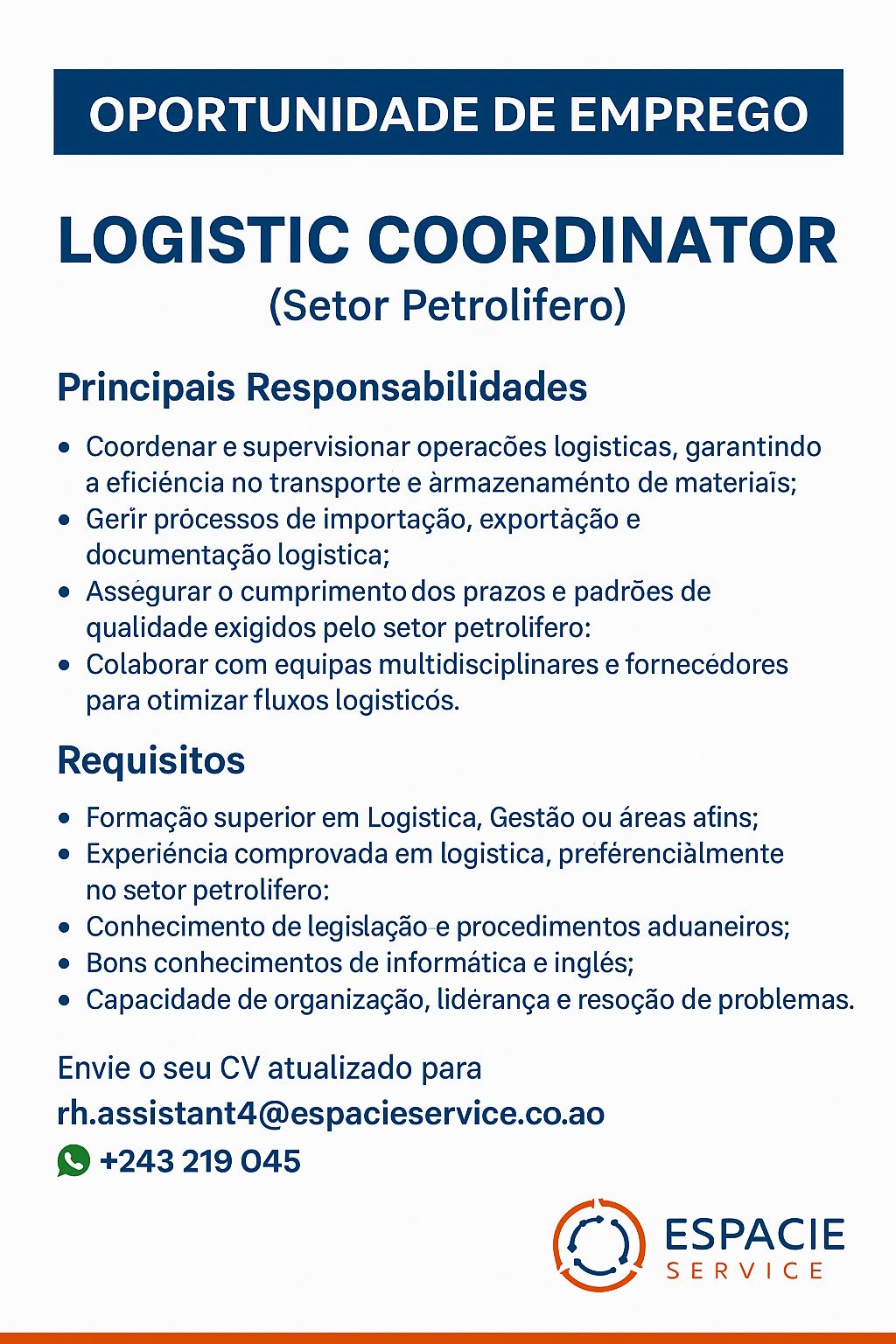RECRUTAMENTO PARA LOGISTIC COORDINATOR (Coordenador de Logística)