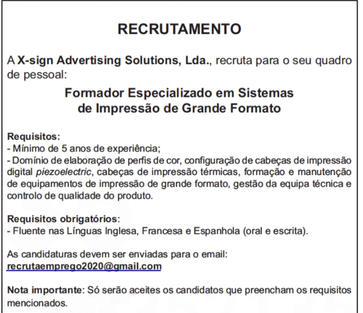 Oportunidade para Formador Especializado em Sistemas de Impressão de Grande Formato 