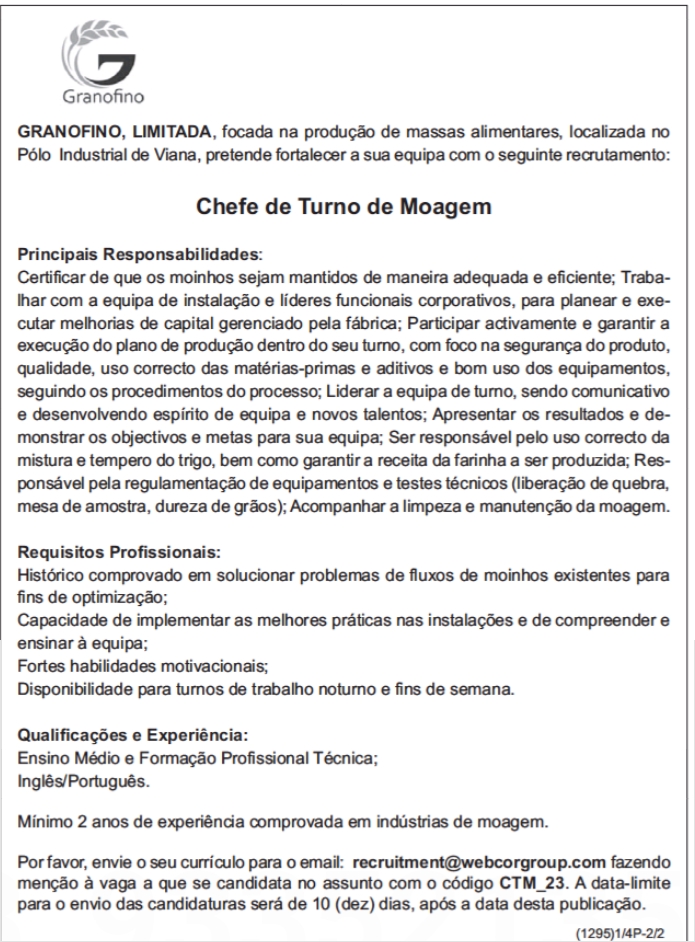 Vaga para Chefe de Turno de Moagem 