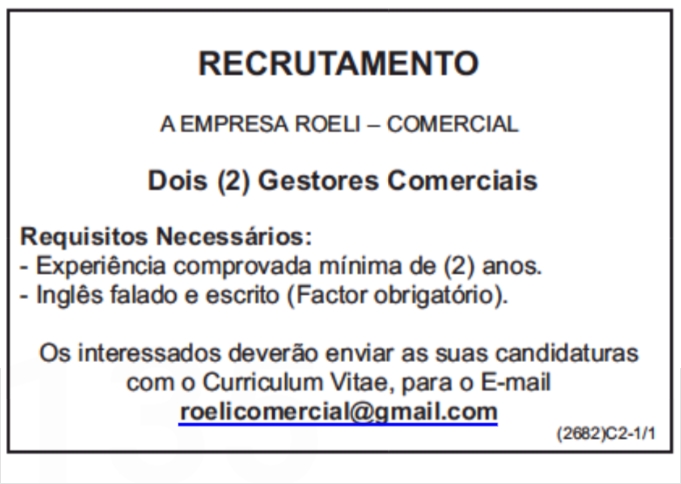 Vaga Para Dois (2) Gestores Comerciais 