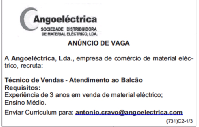 Vaga para Técnico de Vendas - Atendimento ao Balcão 