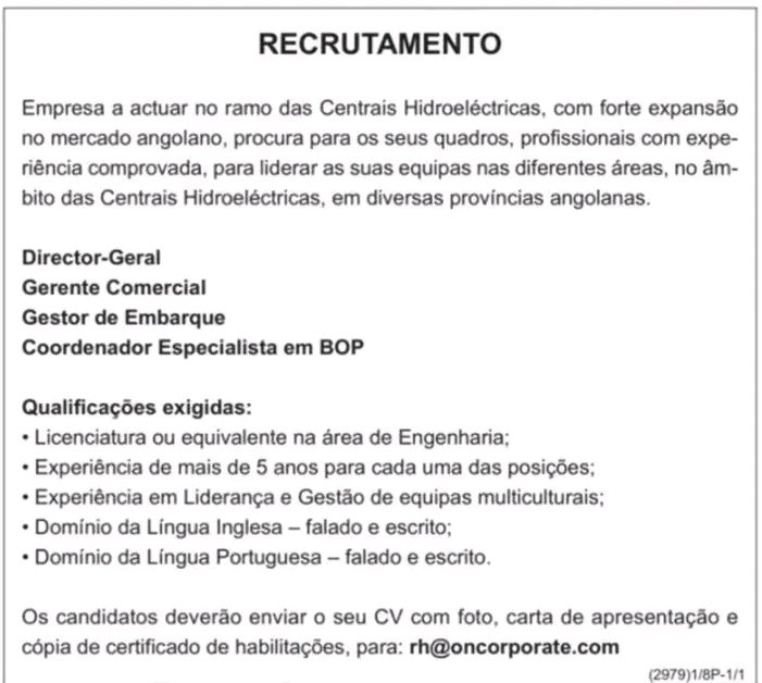 Vagas para Director Geral, Gerente Comercial, Gerente de  Embarque e outos 