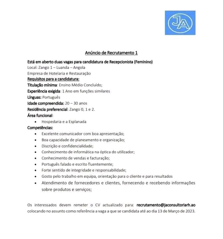 Duas (2) Vagas Disponíveis Para Recepcionistas 