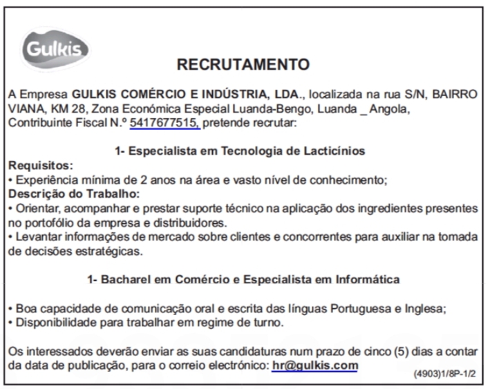 Vaga para Especialista em Tecnologia de Lacticínios & Bacharel em Comércio e Especialista em Informática  