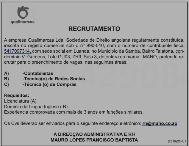 Vaga para Contabilista, Técnico(a) de Redes Sociais e Técnico(a) de Compras