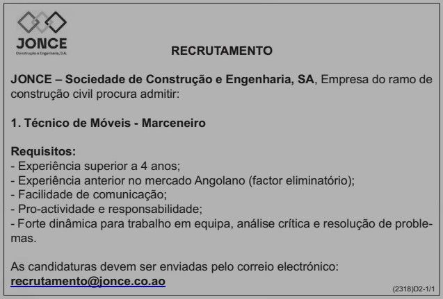 Vaga para Técnico de Móveis (Marceneiro)