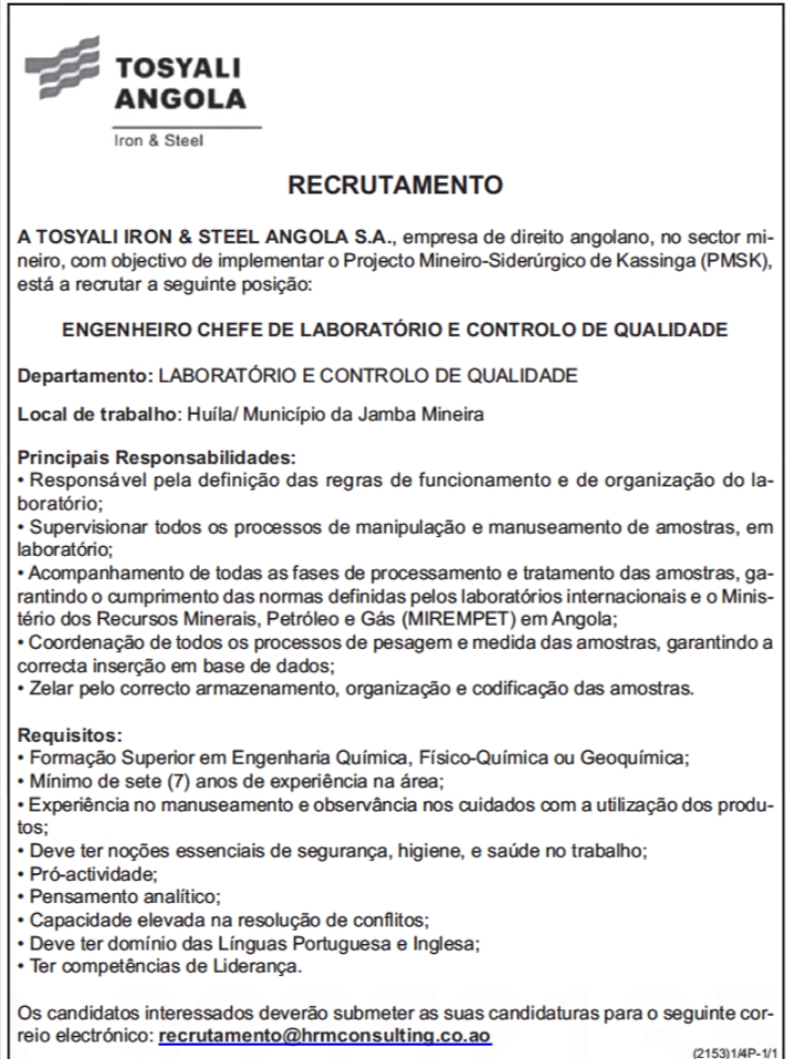 RECRUTAMENTO PARA ENGENHEIRO CHEFE DE LABORATÓRIO E CONTROLO DE QUALIDADE 