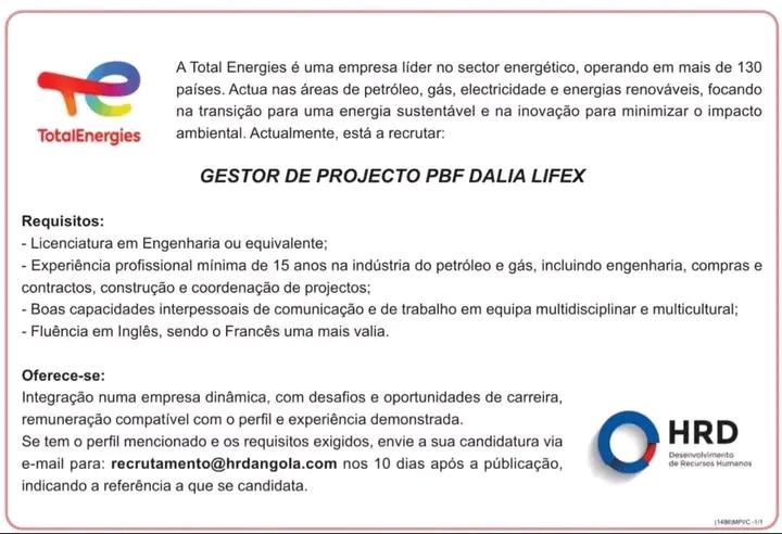 VAGA PARA GESTOR DE PROJECTO PBF DALIA LIFEX 