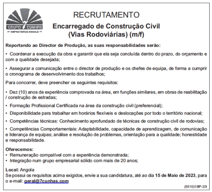 Vaga para Encarregado de Construção Civil 