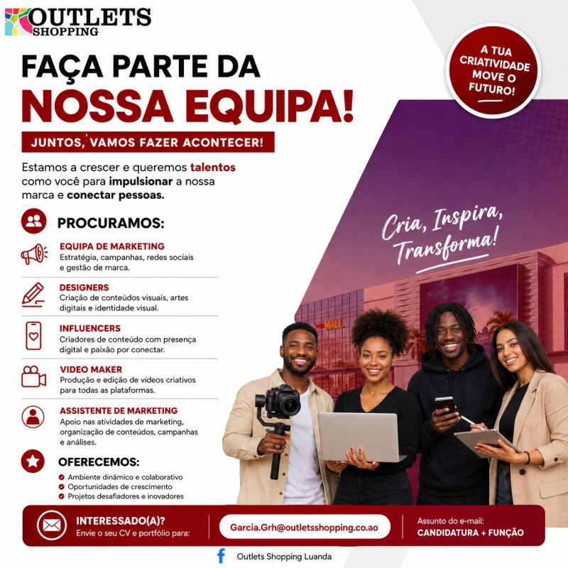 Vaga para Designer Gráfico, Video Maker, Influencer e Assistente de Marketing