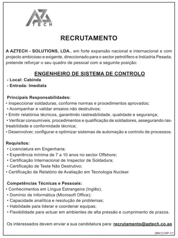 VAGA PARA ENGENHEIRO DE SISTEMA DE CONTROLO