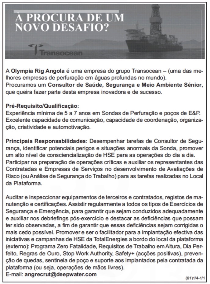 Vaga para Consultor de Saúde, Segurança e Meio Ambiente Sénior