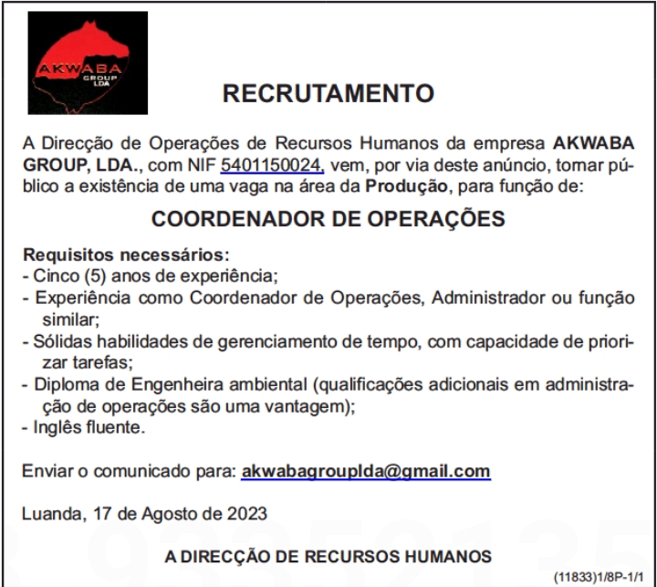 VAGA PARA COORDENADOR DE OPERAÇÕES 