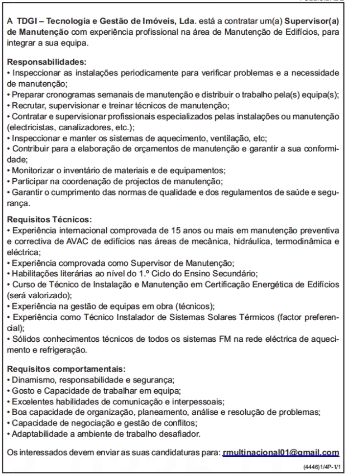 Vaga para um(a) Supervisor(a) de Manutenção 