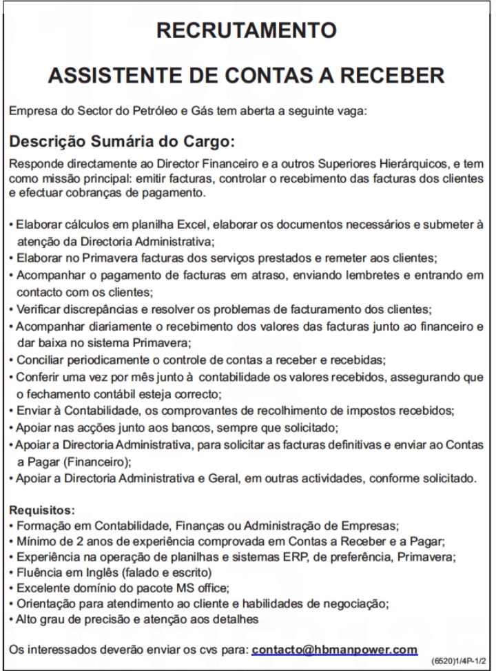 OPORTUNIDADE PARA ASSISTENTE DE CONTAS A RECEBER 
