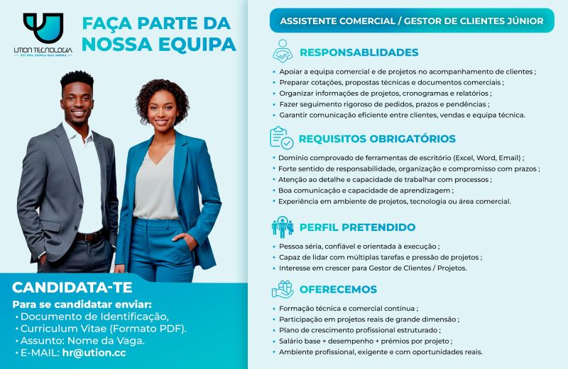 Vaga para Assistente Comercial / Gestor de Clientes Júnior