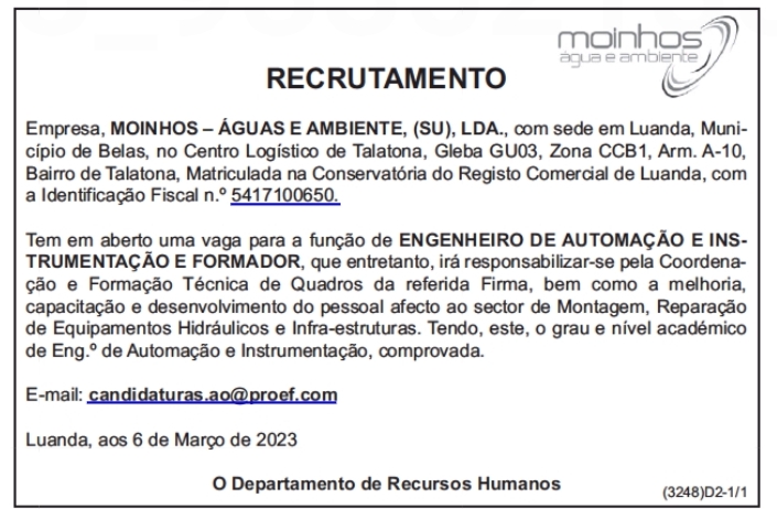 VAGA PARA ENGENHEIRO DE AUTOMAÇAO E INSTRUMENTAÇÃO E FORMADOR