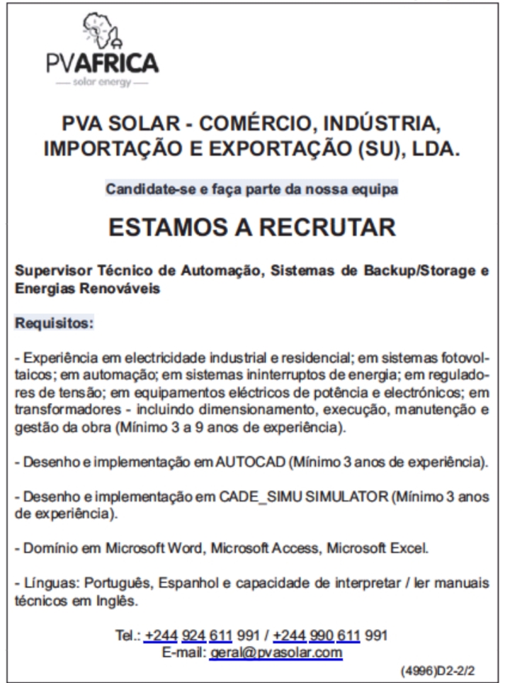 Vaga para Supervisor Técnico de Automação, Sistemas de Backup/Storage e Energias Renováveis 