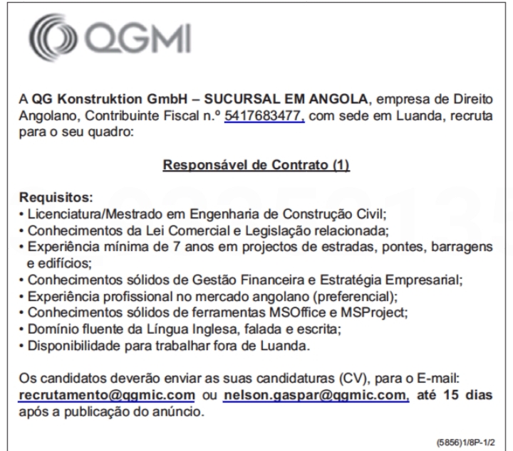 Vaga para Responsável de Contrato