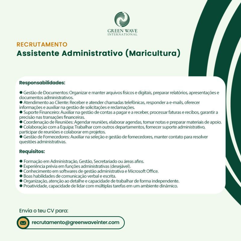 Vaga para Assistente Administrativo (Maricultura)