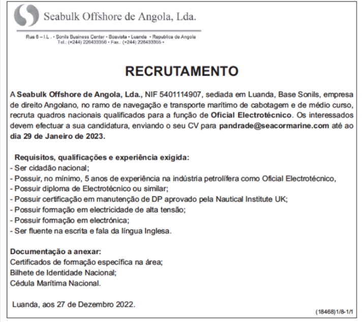 Vaga para Oficial Electrotécnico