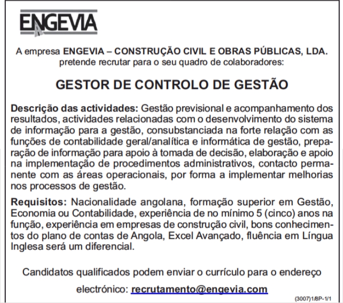 VAGA PARA GESTOR DE CONTROLO DE GESTÃO