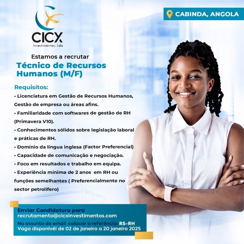 Vaga para Técnico de Recursos Humanos (M/F)