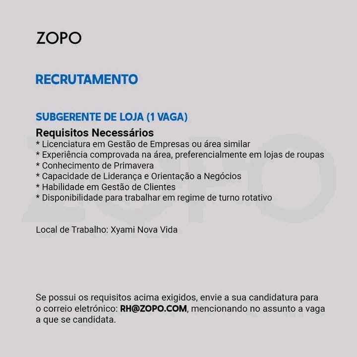 VAGA PARA UM(1) SUBGERENTE DE LOJA