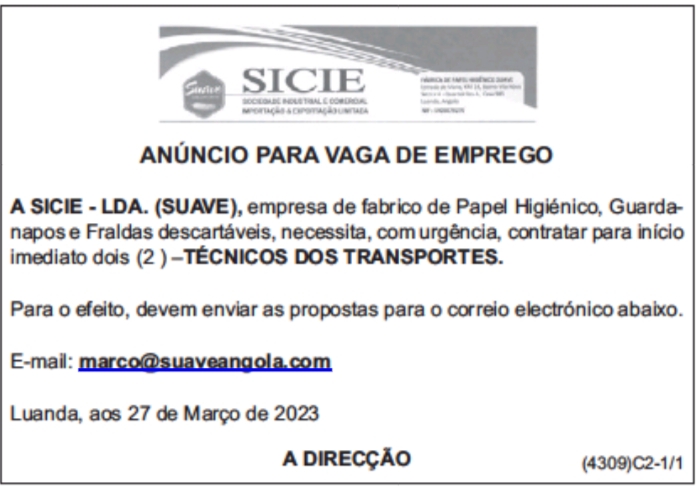 VAGA PARA DOIS (2 ) TÉCNICOS DOS TRANSPORTES