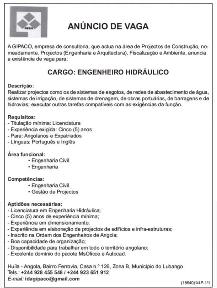 OPORTUNIDADE PARA ENGENHEIRO HIDRÁULICO