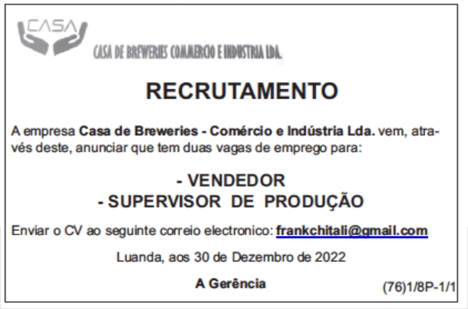 DUAS (2) VAGAS DISPONÍVEIS PARA VENDEDOR E SUPERVISOR DE PRODUÇÃO