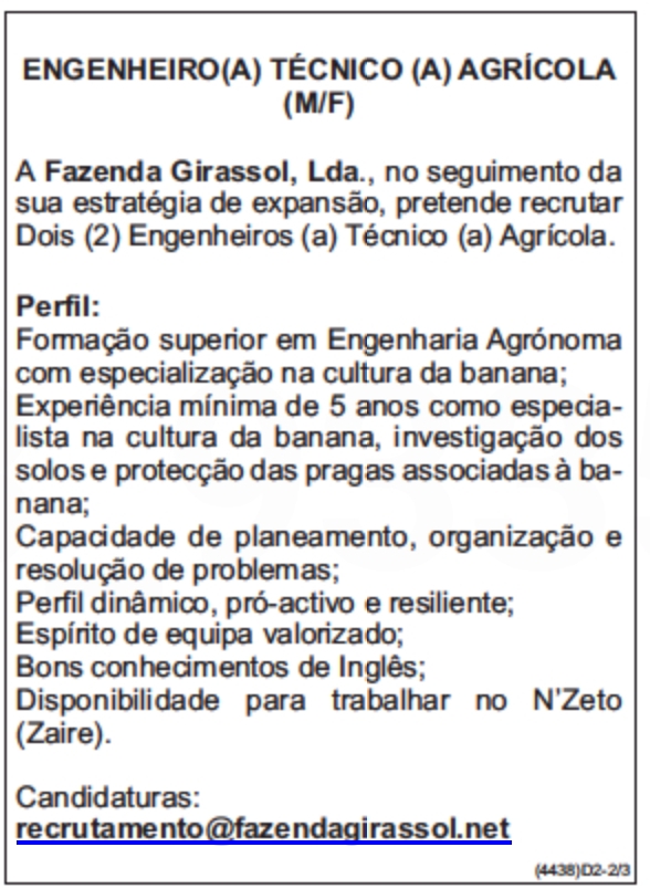 VAGA PARA DOIS(2) ENGENHEIRO(A) TÉCNICO AGRÍCOLA (M/F) 