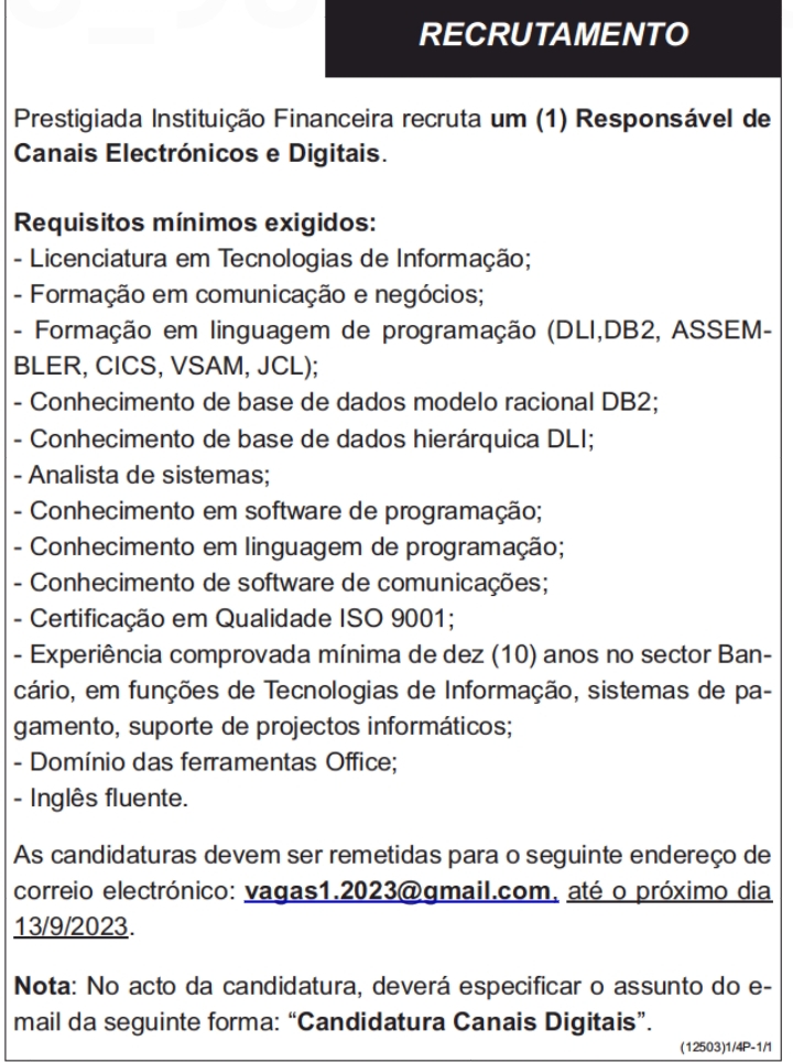 Vaga para um (1) Responsável de Canais Electrónicos e Digitais