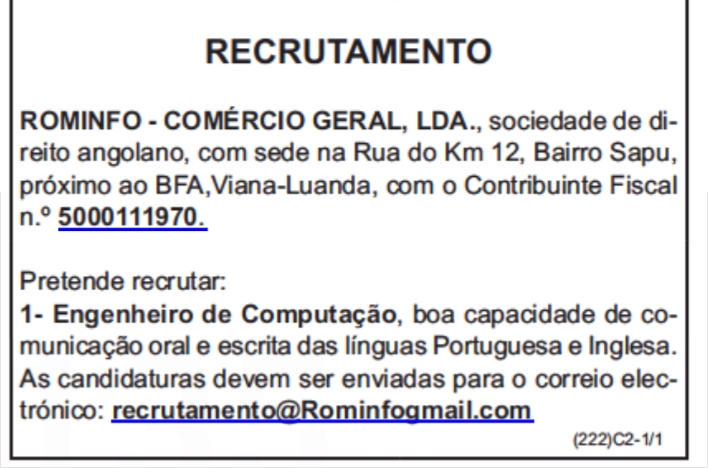 VAGA PARA UM (1) ENGENHEIRO DE COMPUTAÇÃO